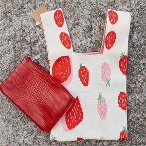 Strawberry Print Tote with Red Crocodile Pattern Pouch